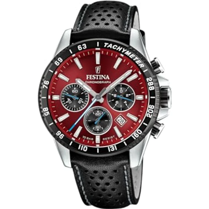 Festina Herrenuhr Chronograph Edelstahl schwarz mit rotem Zifferblatt, 10 bar wasserdicht – Bild 1
