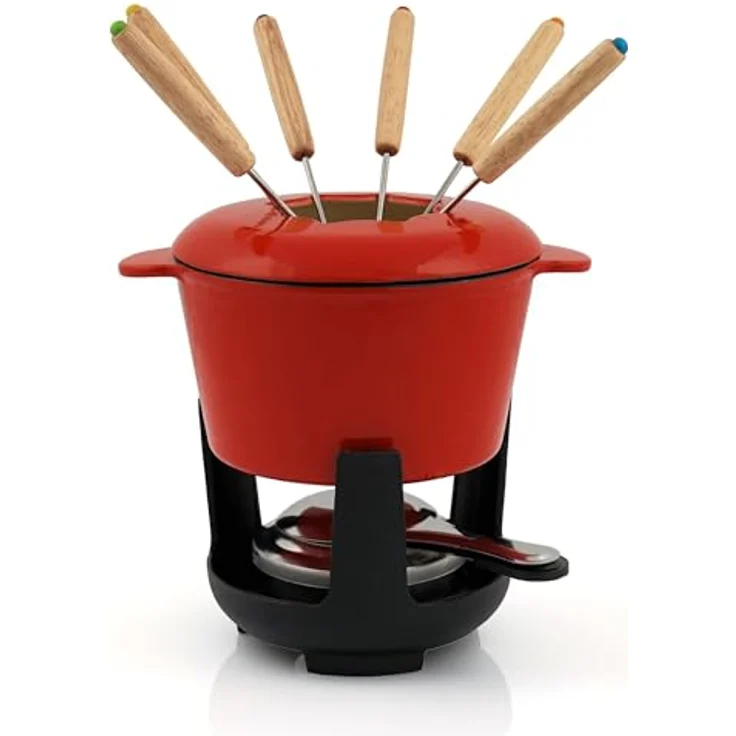 BBQ-Toro Gusseisen Fondue Set für 6 Personen | 1 Liter | Fondueset 13 teilig mit Brenner und Gabeln | Fondue-Set, Käsefondue Set, Fleischfondue Set, Schokofondue Set (rot/Creme emailliert) – Bild 1