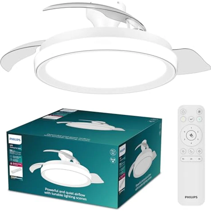 Philips Bliss Deckenventilator mit LED-Licht, einziehbaren Flügeln, 106 cm Spannweite, 4.500 Lumen, dimmbar, inkl. Fernbedienung, Weiß – Bild 1