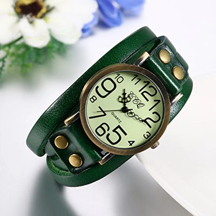 JewelryWe Herren Damen Armbanduhr, Grünes Leder Wickelarmband, Casual Retro, Analog Quarzwerk, Vintage Digital Zifferblatt – Bild 3