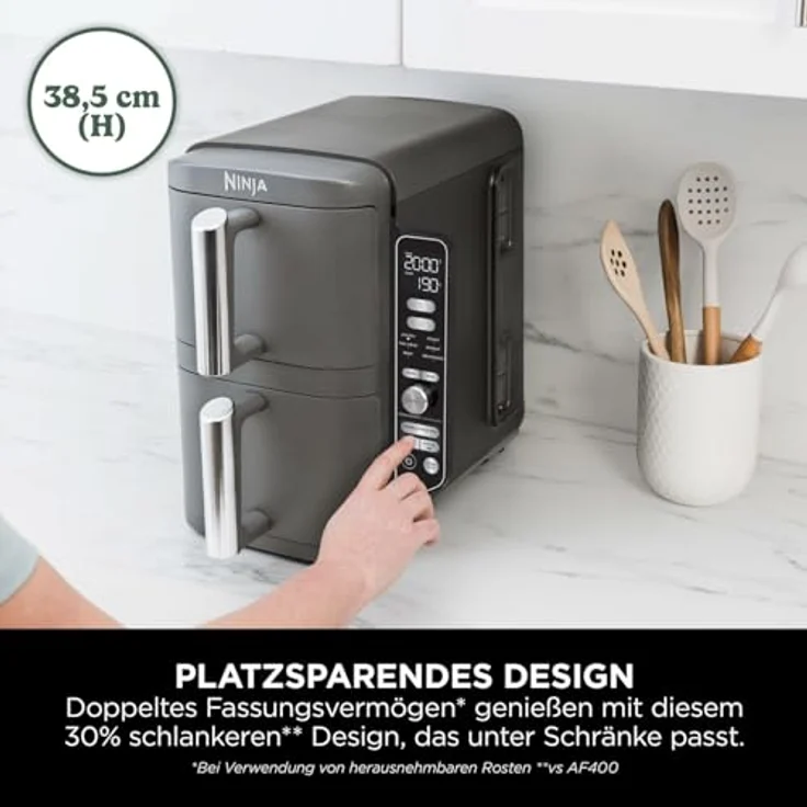 Ninja Double Stack XL Air Fryer Heißluftfritteuse, 9,5L Airfryer, Doppelkorb-Heißluftfritteuse mit 4 Kochstufen, 2 Körben, 2 Rosten, platzsparendes Design, 6 Kochfunktionen, 8 Portionen, Grau SL400EU – Bild 3