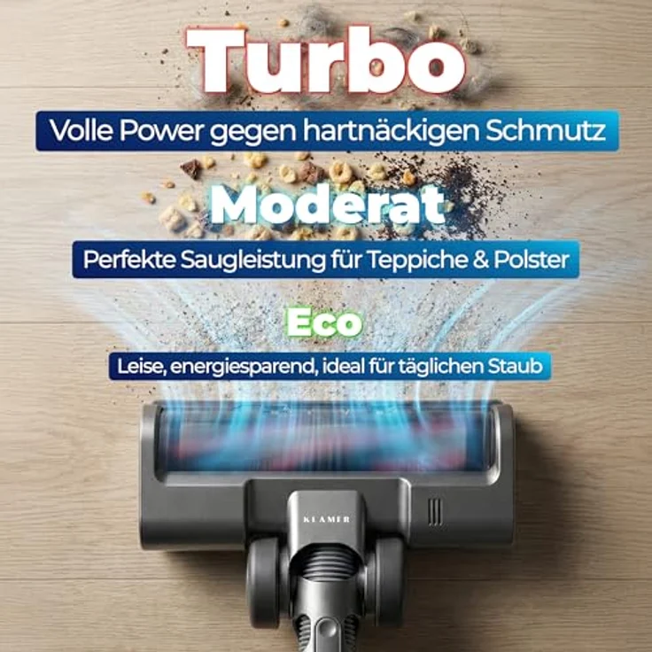 KLAMER Akku Staubsauger 2-in-1, kabellos & Handstaubsauger mit 60 min Akkulaufzeit, für Teppich, Auto, Hartböden, Polster & Tierhaare, LED-Bodenkopfbeleuchtung – Bild 7