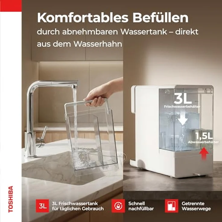 Toshiba Auftisch Osmoseanlage, Wasserfilter für Trinkwasser mit 5-in-1 Filter, UV-Sterilisation, NSF-zertifiziert, Heißwasserspender, weiß – Bild 8
