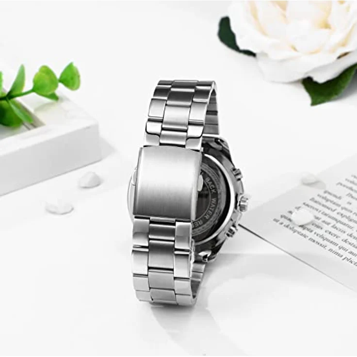 JewelryWe Analog Quarzuhr für Herren, 30M wasserdicht, Edelstahlarmband, römische Ziffern, leuchtende Zeiger, schwarz – Bild 5