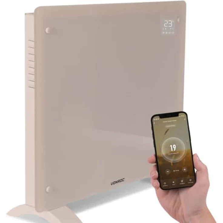 VONROC Glass convector heater 1000W, WiFi-fähig, beige mit LED-Anzeige für Räume bis 12 m² – Bild 1