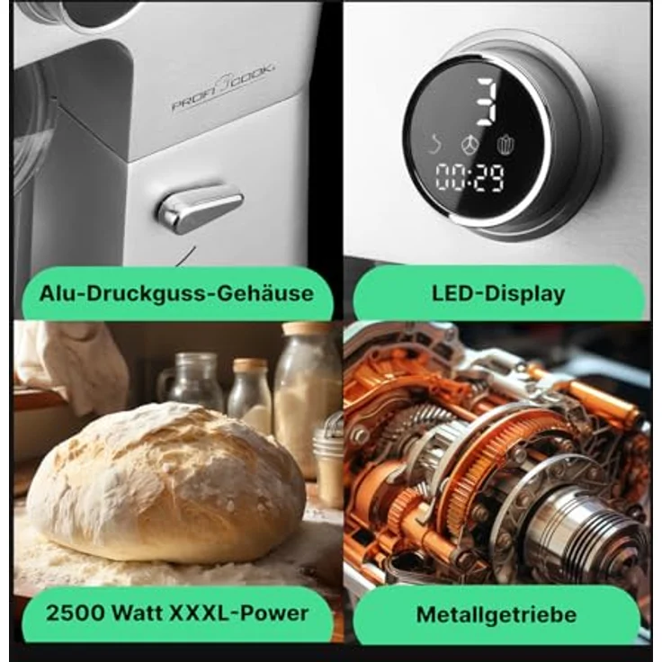 ProfiCook® Küchenmaschine mit XXL 12L Schüssel | Knetmaschine mit 2500W Longlife-Profi-Motor | Metallgetriebe und LED-Display | Food Processor für bis zu 8,5 kg Teig |13 Geschwindigkeiten | PC KM 1254 – Bild 5