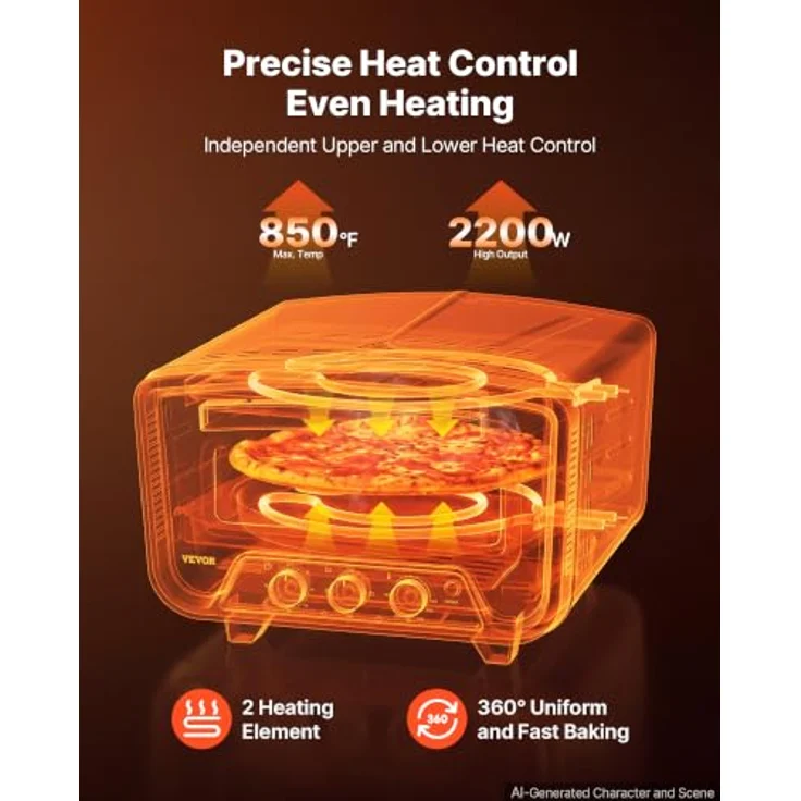VEVOR Elektrischer Pizzaofen für Ø 30,5 cm (12 Zoll), 2200 W, 430 °C, Kaltgewalztes Stahl-Gehäuse, mit Pizzastein und separater Temperatur- und Zeitregelung – Bild 3