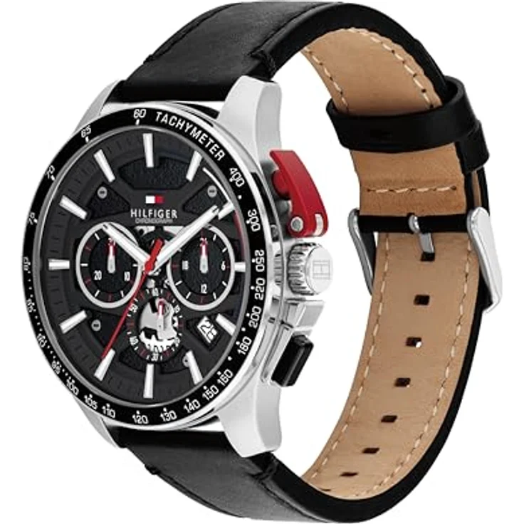 Tommy Hilfiger 1792258 Chronograph Quarz Uhr, schwarzes Edelstahlgehäuse, schwarzes Lederarmband, 5 ATM wasserdicht – Bild 2