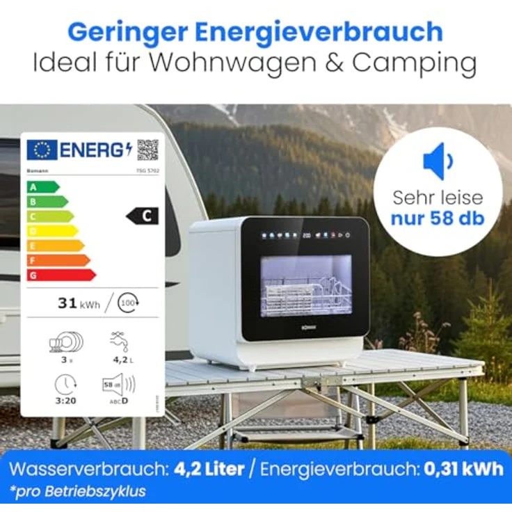 Bomann® TSG 5702, Tischgeschirrspüler mit Tank, 6 Programme, integrierter Wassertank, silbergrauer Geschirrkorb – Bild 3