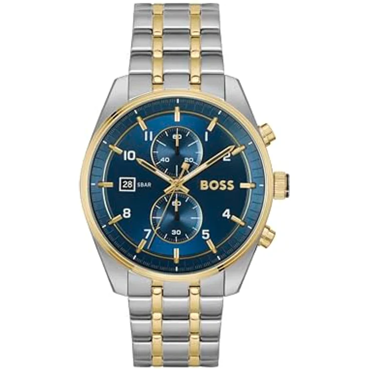 BOSS Chronograph Quarz Uhr SKYTRAVELLER, blaues Zifferblatt, zweifarbiges Edelstahlarmband, 5 ATM wasserdicht, 44 mm Gehäusedurchmesser, Datumsanzeige - 1514247 – Bild 1