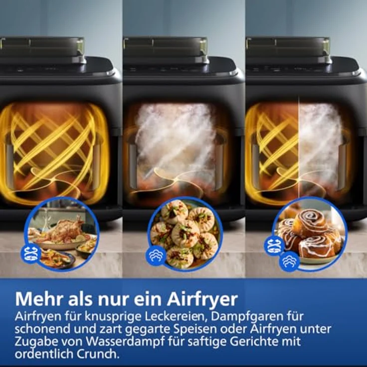 Philips Steam Airfryer Dual Basket 5000 Series, Heißluftfritteuse & Dampfgarer, 9L, 2 Körbe, RapidAir Plus Technik, 19 Kochfunktionen, 90% weniger Fett, Dampfreinigung (NA550/00) – Bild 4