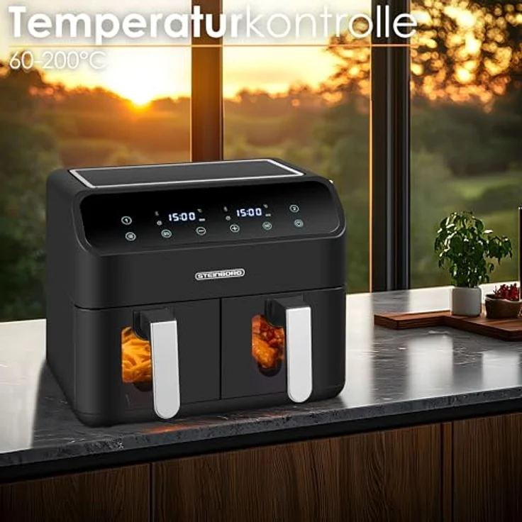 Steinborg Heißluftfritteuse 2 Kammern 8 Liter XXL Air Fryer 4 in 1 Mini Backofen, 2000 Watt, Antihaftbeschichtung, Umweltfreundlich - Schwarz – Bild 2