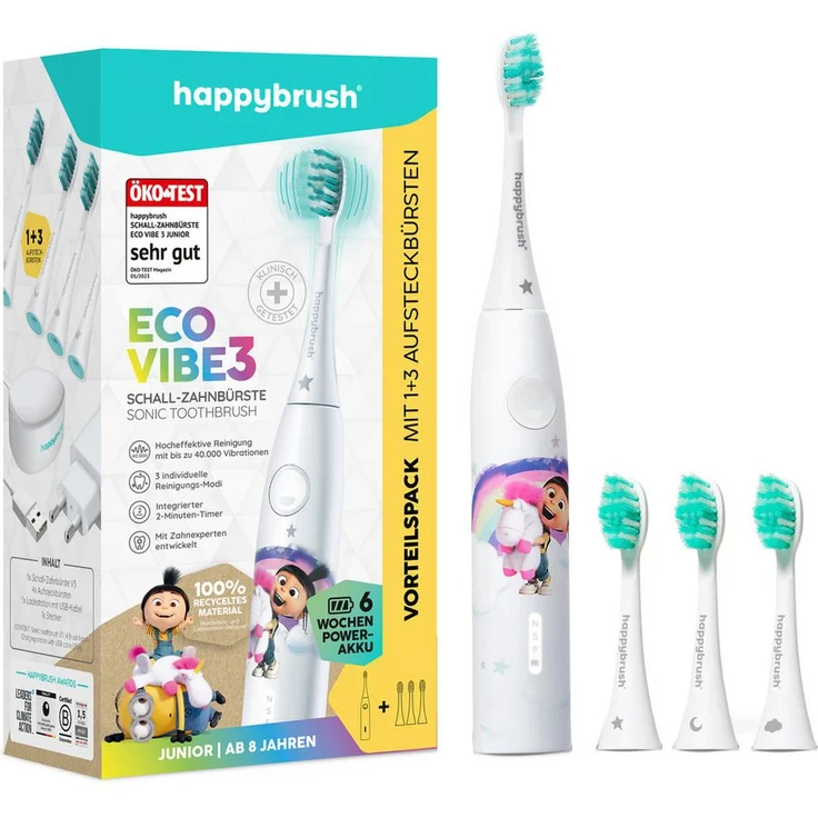 "happybrush Elektrische Zahnbürste happybrush ECO VIBE KIDS Agnes + 3 Refills, für Kinder, recyceltes Material, langer Akkulaufzeit"