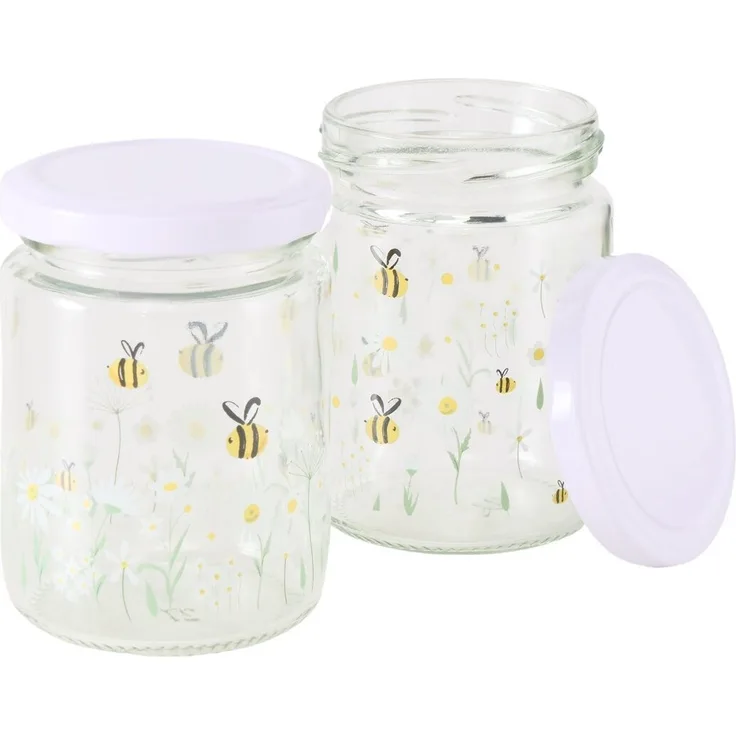 Boltze Honiggläser HONEY 240 ml, 2er-Set aus hochwertigem Glas mit Bienen- und Gänseblümchen-Muster, lebensmittelsicher und wiederverwendbar
