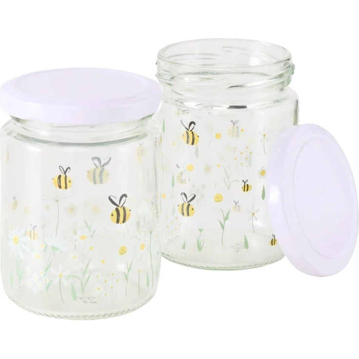Boltze Honiggläser HONEY 240 ml, 2er-Set aus hochwertigem Glas mit Bienen- und Gänseblümchen-Muster, lebensmittelsicher und wiederverwendbar