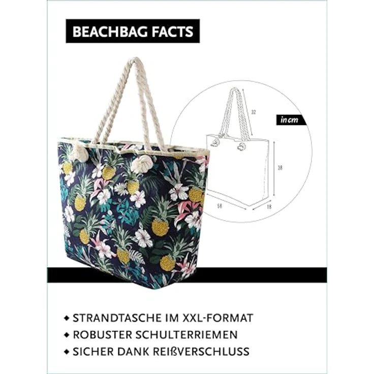 DonDon XXL Strandtasche mit Reißverschluss, Große Shopper Tasche für Damen - Praktische Umhängetasche für Strand und Meer, Blumen und Ananas – Bild 3