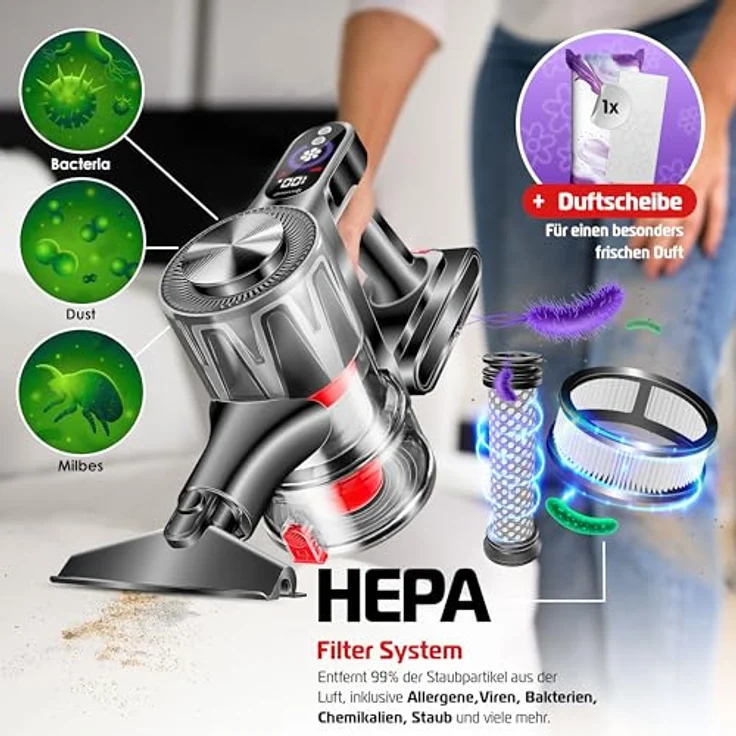KESSER® Akku-Staubsauger 2in1 | Handstaubsauger ohne Beutel mit HEPA-Filter | Akkusauger bis 45 Min. Laufzeit + Fugendüse & Staubbürste | LED-Licht XL Staubbehälter für Hartböden Teppich Tierhaare, blau – Bild 2