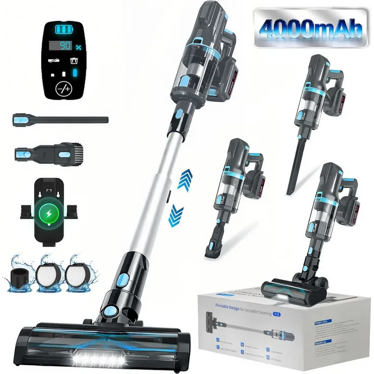 Grenintol Akku-Hand- und Stielstaubsauger, 80000Pa Saugkraft, 4000mAh, kabellos mit LED-Display, beutellos, umfangreiche Zubehörteile, inkl. Akku und Ladestation