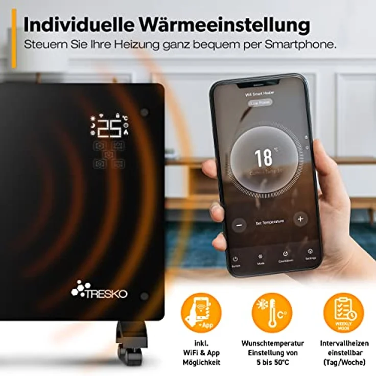 TRESKO Elektroheizung Schwarz 1500W inkl. WiFi & APP Glaskonvektor Konvektor Wand Heizung Glas Heizkörper Bad, Konvektor – Bild 6