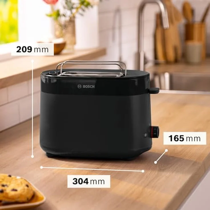Bosch Kompakt Toaster MyMoment TAT2M123, integrierter Brötchenaufsatz, mit Auftaufunktion, mit Abschaltautomatik, Liftfunktion, Brotzentrierung, perfekt für 2 Scheiben, 800 Watt, Schwarz matt – Bild 2