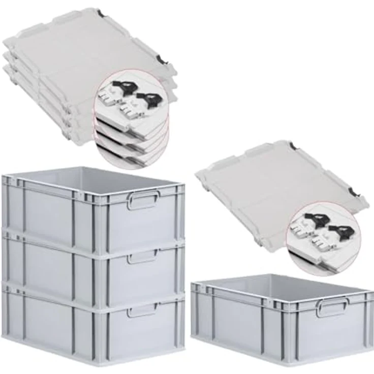 PROREGAL Eurobox NextGen Economy, 4er Set mit Scharnierdeckel und schwarzen Verschlüssen, 44 Liter, HxBxT 22x40x60cm, lebensmittelecht, stapelbar – Bild 1