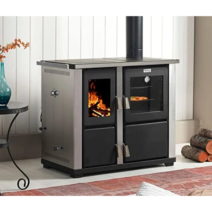 DanDiBo Kaminofen Teba TKS 18 Rechts 10 kW, Holzherd mit Kochplatte und Backfach, Edelstahl/Schwarz – Bild 1