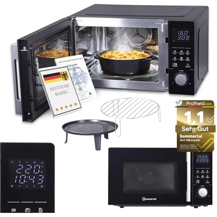 Sommertal 4-in-1 Mikrowelle, 25 L, 850 W, Heißluft, Grill, Kindersicherung, Express-Start, Edelstahl, inklusive Crisp-Pfanne und Rost – Bild 1