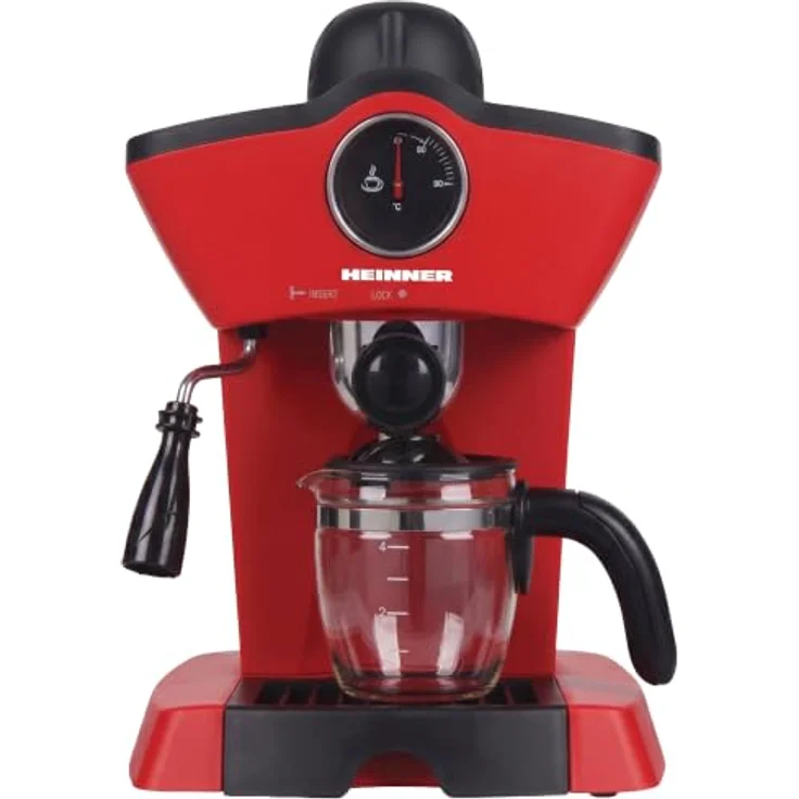 Heinner HEM-200RD, Espressomaschine mit 800 W, 0,25 l Wassertank, Edelstahlfilter und Glaskanne, Rot – Bild 2