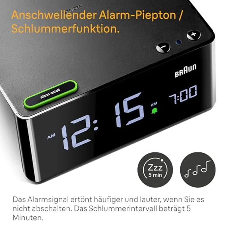 Braun Digitaler Wecker BC16BEU, LCD-Display mit automatisch anpassbarer Helligkeit, Schlummertaste, Signaltonalarm, in Schwarz – Bild 3