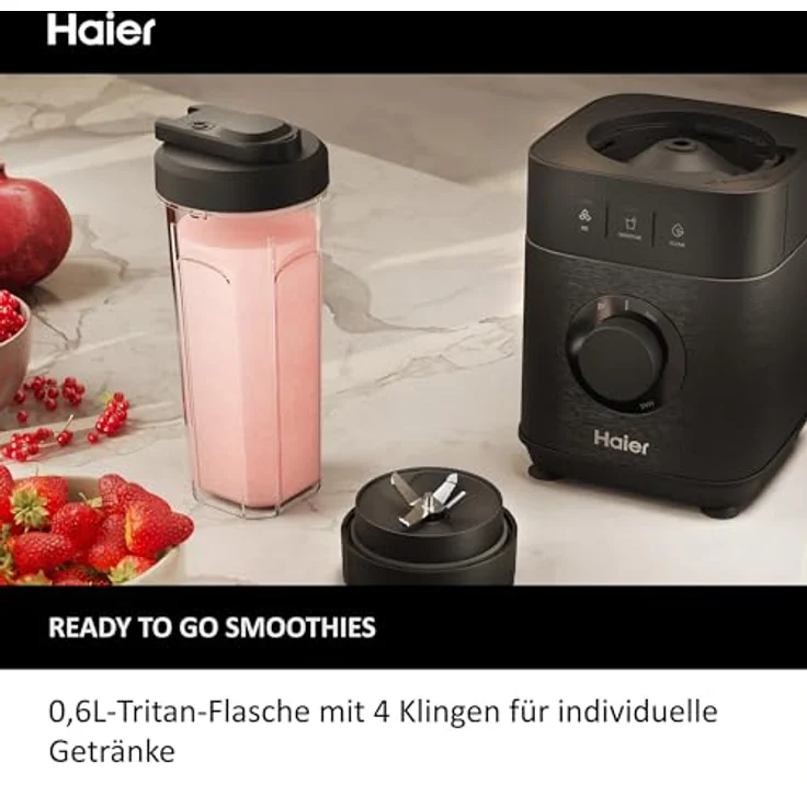 Haier Mixer mit Ice-Crush-Funktion & Smoothie Maker, 1200W I Standmixer mit 1,7L Glasbehälter & 0,6l To-Go-Flasche I Selbstreinigungsfunktion, Spülmaschinenfest & 5 Geschwindigkeiten [Serie 5-HBL5B2] – Bild 5
