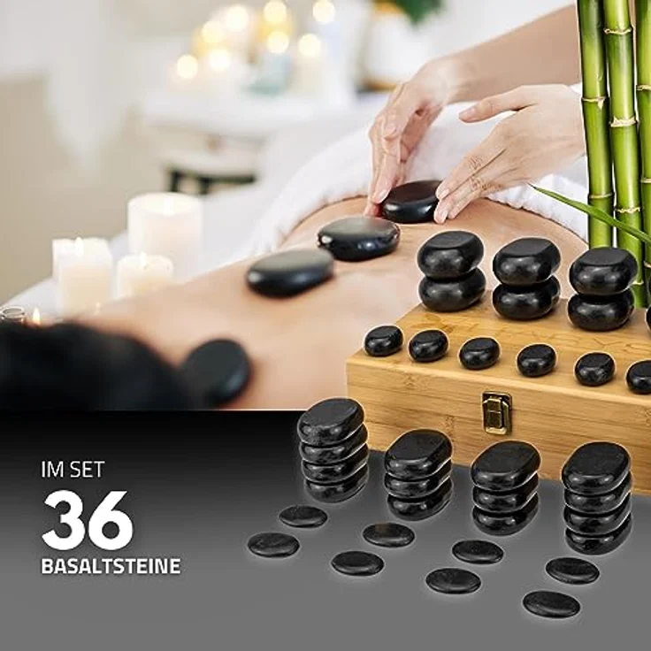Habys Massageliege Hot Stone Massagestein-Set 36-teilig aus Basalt mit Box, für Ganzkörpermassage – Bild 2