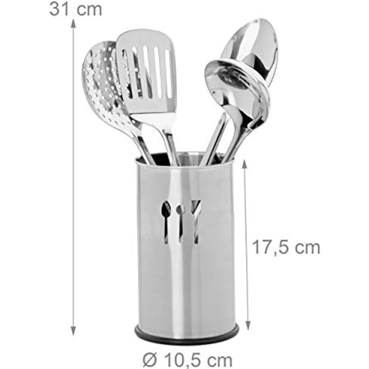 Relaxdays Küchenhelfer Set Edelstahl, 5 Teile, Besteckhalter, 4 Küchenutensilien, Kochzubehör, Kochgeschirr, silber – Bild 4
