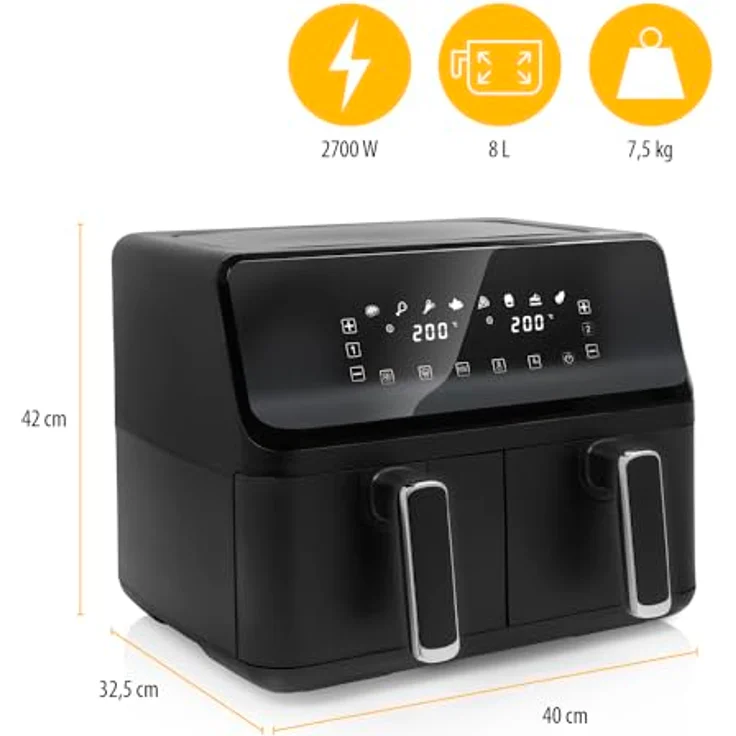 Tristar FR-9026 Doppelkorb-Heißluftfritteuse, 8 Liter, 2700 Watt, schwarz – Bild 8