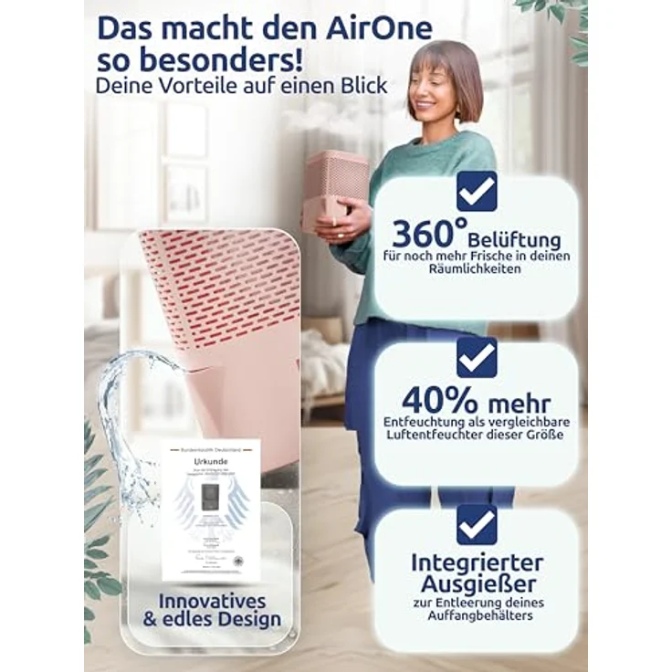 BonAura® AirOne Luftentfeuchter, stromlos bis 23m², 360° Belüftung, inkl. Ausgießer & 680g Granulat, idealer Raumentfeuchter gegen Schimmel – Bild 3