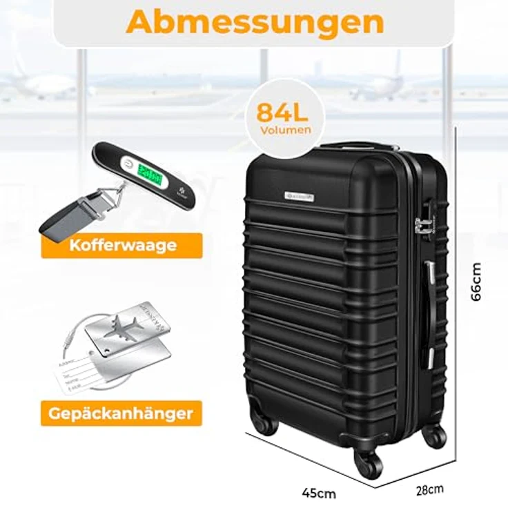 KESSER® Hartschalen Reisekoffer 84L, Trolley mit Kofferwaage, Zahlenschloss und Gepäckanhänger, 4 Rollen, Teleskopgriff, 66x45x28cm, Schwarz – Bild 2
