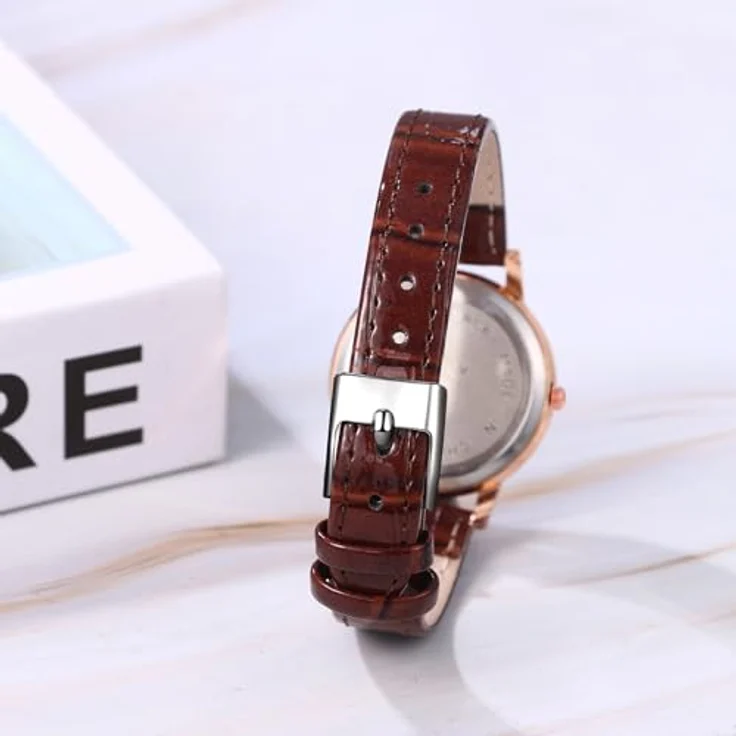 JewelryWe Analog Quarz Armbanduhr Damen, Braun mit bösem Blick und römischen Ziffern, PU Lederarmband und Strass-Dekor – Bild 3