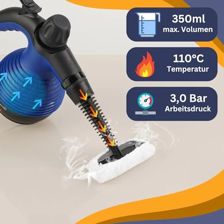 Sommertal Dampfreiniger Handgerät SC350 – Kompakter Hand-Dampfreiniger für alles – Polstermöbel, Fliesen, Böden, uvm – Steam Cleaner mit 350 ml Tank, 110°C Dampf, 3 Bar Druck – Bild 2