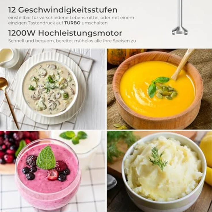 Kowdom 1200 Watt Stabmixer, Edelstahl Pürierstab mit 12 Geschwindigkeitsstufen und Turbofunktion, inklusive 800ml Mixbecher, spülmaschinenfest und platzsparend – Bild 5