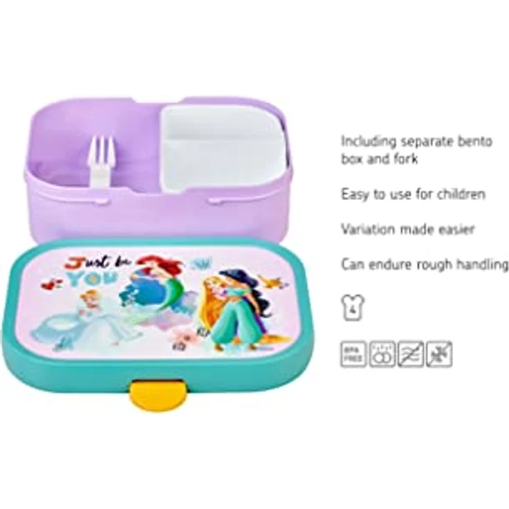 Mepal - Lunchbox Campus - Bento Lunchbox für Kinder - Brotdose mit Bento-Fach & Gabel - Meal Prep Box mit Clip-Verschluss - BPA-frei & Spülmaschinenfest - 750 ml - Disney Princess – Bild 3