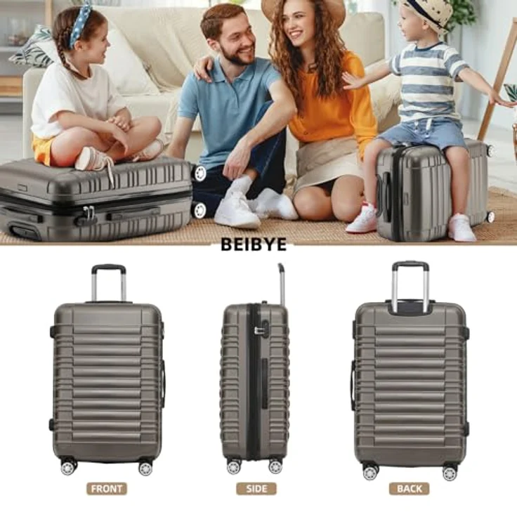 BEIBYE Hartschalen Koffer Trolley Kofferset, 3-teilig in Coffee mit Zwillingsrollen, integrierten Zahlenschloss und erweiterbarem Stauraum – Bild 2