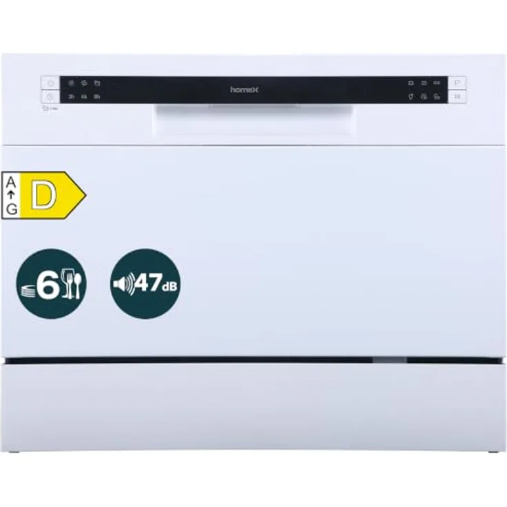 homeX GST6AD-W Mini Geschirrspüler, Tischgeschirrspüler für 6 Maßgedecke, 6 Programme, AquaStop, Energieeffizienzklasse D, Weiß