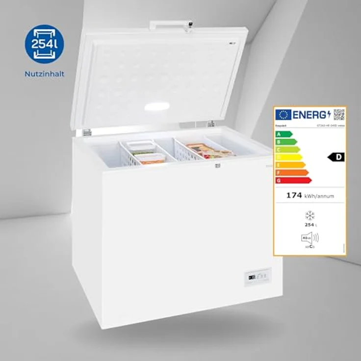 Exquisit Gefriertruhe GT265-HE-040D weiss | Tiefkühltruhe groß 254 L Volumen | 4 Sterne Gefrieren | 2 Einhängekörbe | LED-Licht – Bild 2