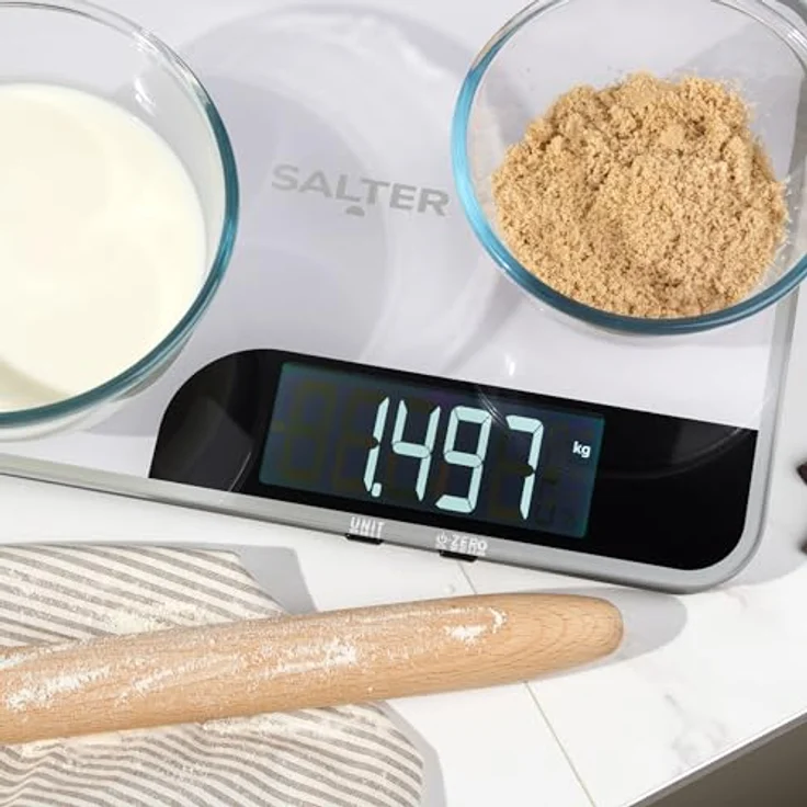 SALTER digitale Küchenwaage inkl. Schneidebrett, extra große Glasplattform für große Schüsseln, Wiegen und Schneiden direkt auf der Waage möglich, max. Traglast 15kg – Bild 7