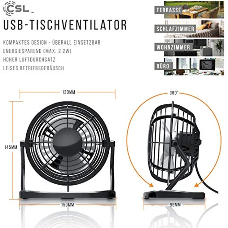 CSL USB Ventilator Tischventilator schwarz – Bild 5
