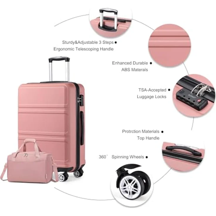 KONO Koffer Set, 2-teiliges Reisekoffer Set mit 75cm Trolley und 40x30x20cm Ryanair Reisetasche, rosegold, TSA Schloss, 4 Rollen – Bild 3