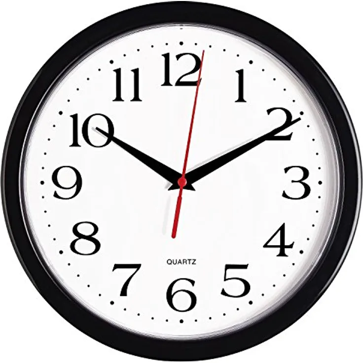 Bernhard Products Schwarze Wanduhr, geräuschlos, Nicht tickend, 25,4 cm, Quarz, batteriebetrieben, rund, leicht zu lesen, Zuhause/Büro/Küche/Klassenzimmer/Schuleuhr, Uhrwerk