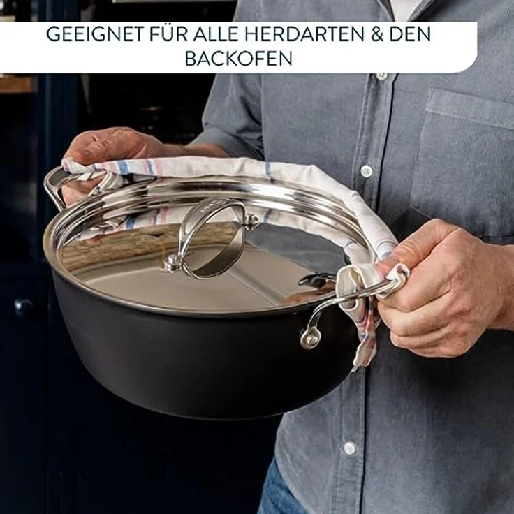 Tefal H91254 Jamie Oliver Batch-Cooking Set | Harteloxierter Kochtopf 30 cm | Antihaftversiegelung | große Mengen | Thermo-Signal | induktionsgeeignet | inklusive Rezeptbuch | Edelstahl/Schwarz – Bild 5