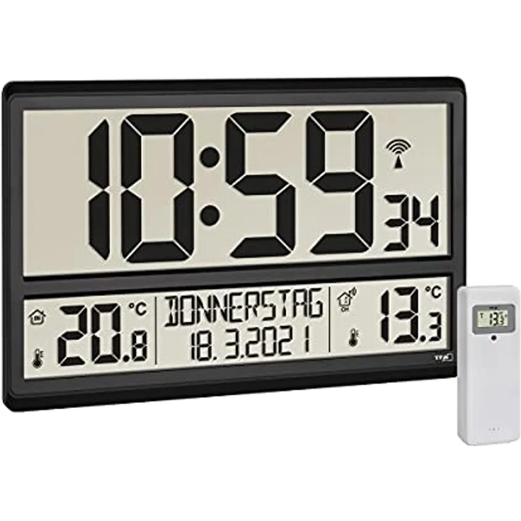 TFA Dostmann Digitale XL Wanduhr, 60.4521.01, mit Außentemperatur, Innentemperatur, Wochentag (8 Sprachen), Funkuhr, Datum, schwarz, (L) 360 x (B) 235 x (H) 28 (84) mm – Bild 1