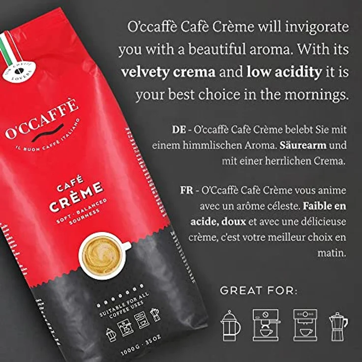 O'CCAFFÈ – Café Crème , 3 x 1 kg ganze Kaffeebohnen , säurearmer, aromatischer Kaffee Crema , extra langsame Trommelröstung aus italienischem Familienbetrieb – Bild 3