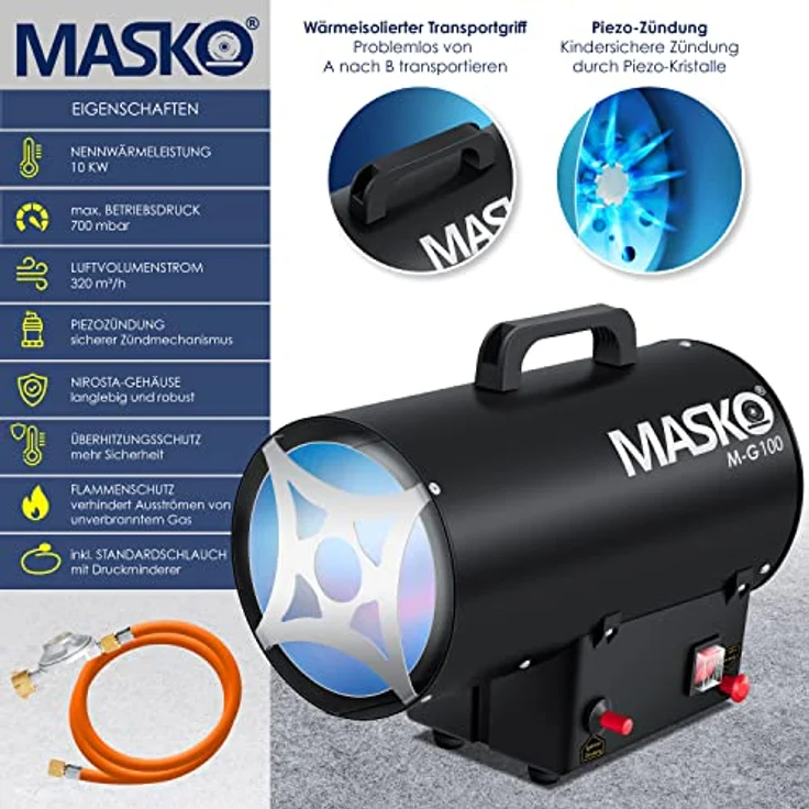 MASKO Gasheizgebläse Gasheizer Heizkanone Gasheizstrahler Bauheizer Gas Heizgerät heizstrahler Heißluftgenerator inkl. Gasschlauch & Druckminderer Heizgebläse für handelsübliche Gasflaschen Schwarz, 10 kW,  – Bild 2